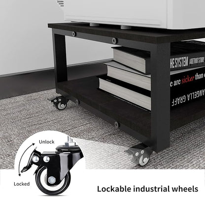 Natwind 2 Tier Laser Printer Stand,23.6''x23.6'' Large Printer Table,Copier Stand with Wheels, Heavy Duty Rolling Printer Cart with Paper Storage Shelf for Home Office (Black)