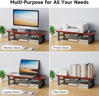 Monitor Stand Riser, 24 Inch Computer Monitor Stand for Desk, 2-Tier Wood Desk Shelf Organizer with Storage, Desktop Stand for Laptop/Screen/PC/Printer, Ergonomic Home Office Monitor Stand