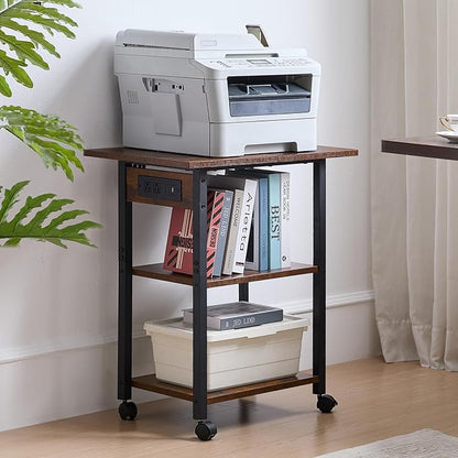 Lerliuo 3-Tier Printer Stand with Charging Station, Industrial Mobile Printer Table with Storage Shelf and Steel Frame, Rolling Printer Cart Holder with Lockable Wheels for Home, Office (Brown)