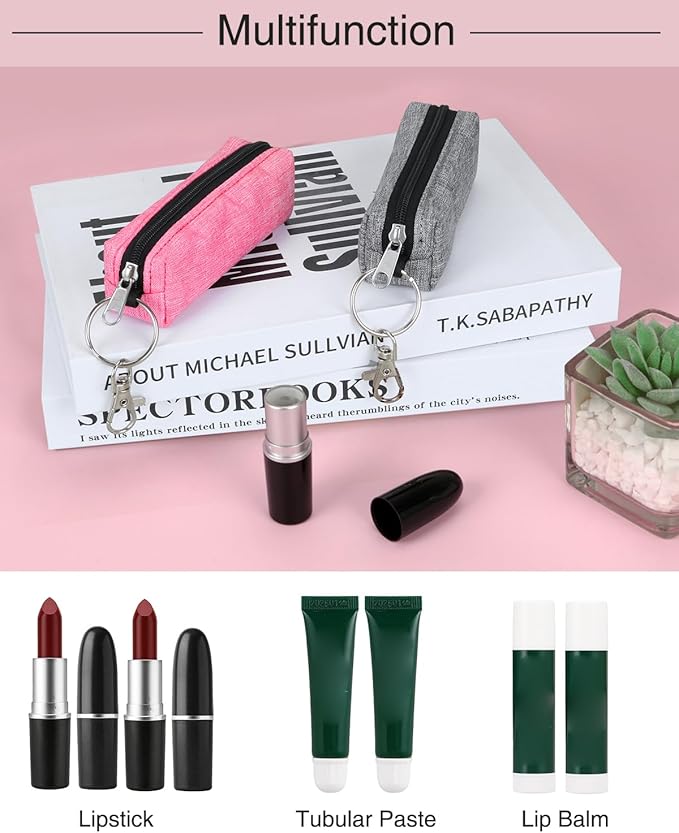 Chapstick Holder Lip Balm Sleeve Pouch Lipstick Holder Bag Lip Gloss Holder With Hook Stocking Stuffers Gift for Women (Grey, Rose Red)