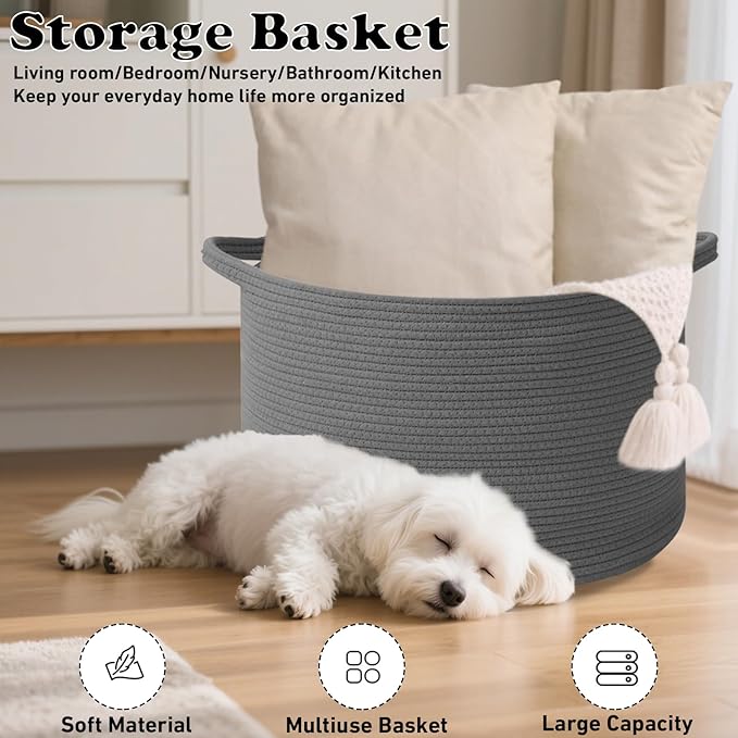 90L Large Blanket Basket,21.7"L x 21.7"W x 13.8"H Rope Woven Baskets with Handles, Toys Storage Bins,Laundry Basket Perfect for Living Room, Nursery,Bedroom,Home Organization,Dark Gry