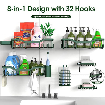 Shower Caddy Adhesive Shower Organizer 8-Pack, Rustproof Stainless Steel Bathroom Shelves, Large Capacity No-Drill Rack Storage Accessories with Soap Dish Toothbrush Holder Hooks