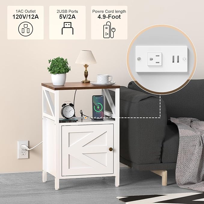 Farmhouse Side Table with Charging Station -3-Tier USB Ports & Outlets End Table, Compact Bedside Storage Table for Small Spaces, Multi-Functional Accent Table for Bedroom, Living Room, Couch Entryway