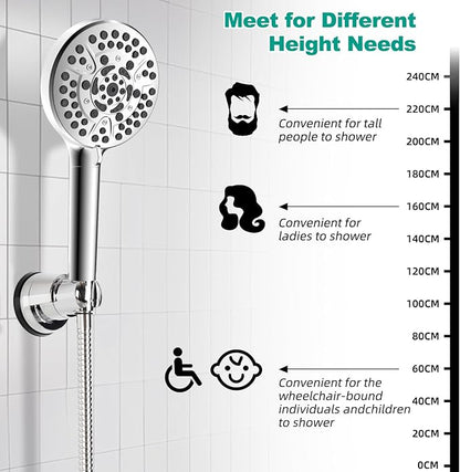 Hibbent Vacuum Suction Cup Shower Head Holder, Removable Shower Wand Bracket, Adjustable Height & Wall Mount ABS Plastic Suction Holder for Handheld Shower Head, Chrome Finish