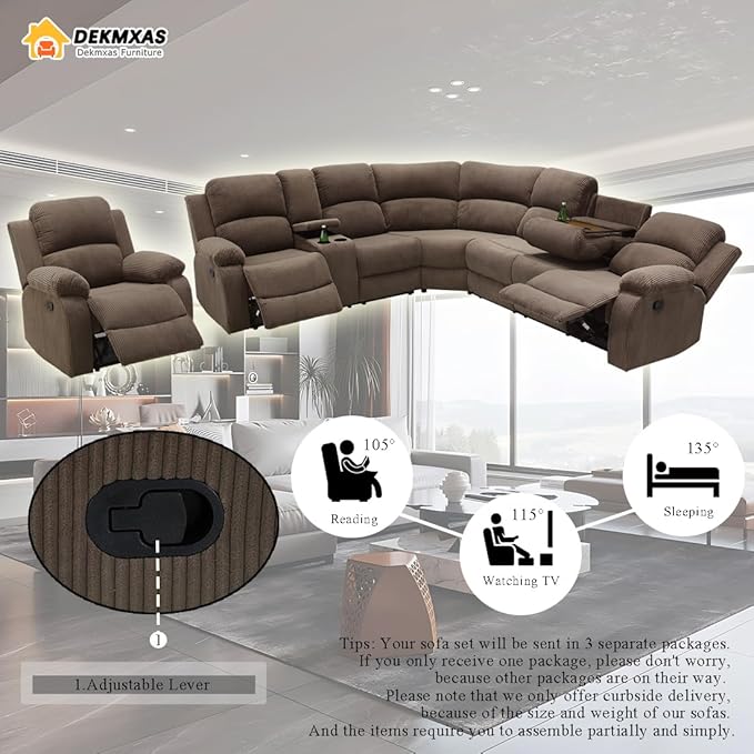 Recliner Sectional Sofa Set with Cup Holder, Brown Corduroy Reclining Sectional Corner Sofa Set and Reclining Chair with 3 Recliner Seats, Drop-Down Table and Storage Console for Living Room