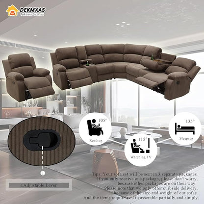 Recliner Sectional Sofa Set with Cup Holder, Brown Corduroy Reclining Sectional Corner Sofa Set and Reclining Chair with 3 Recliner Seats, Drop-Down Table and Storage Console for Living Room
