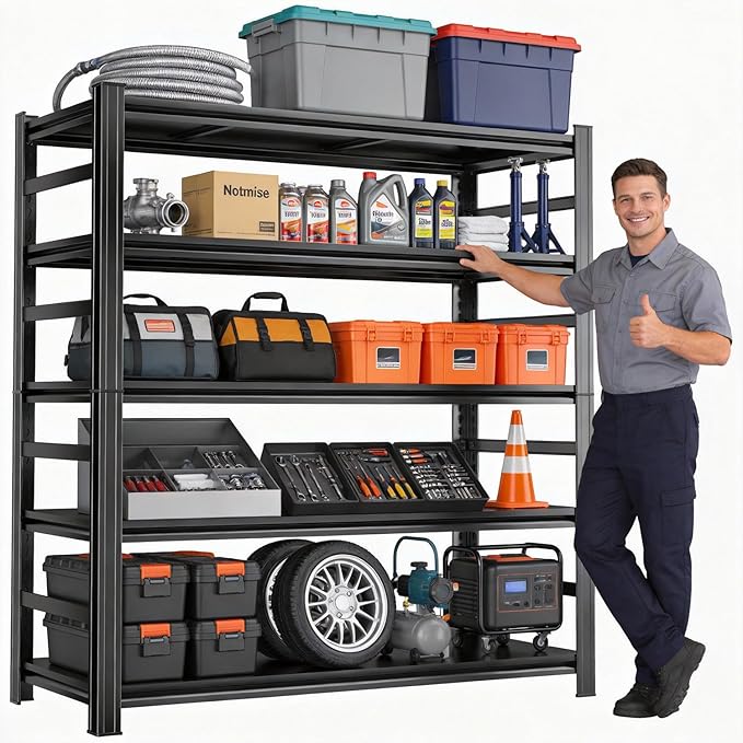 Adjustable 5-Tier Garage Shelving, Heavy Duty Steel Storage Shelves, High Load Capacity Shelf, Ideal for Garage, Warehouse, or Home Organization (with Fences, 36" W*16" D*72" H)