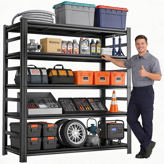 Adjustable 5-Tier Garage Shelving, Heavy Duty Steel Storage Shelves, High Load Capacity Shelf, Ideal for Garage, Warehouse, or Home Organization (with Fences, 36" W*16" D*72" H)