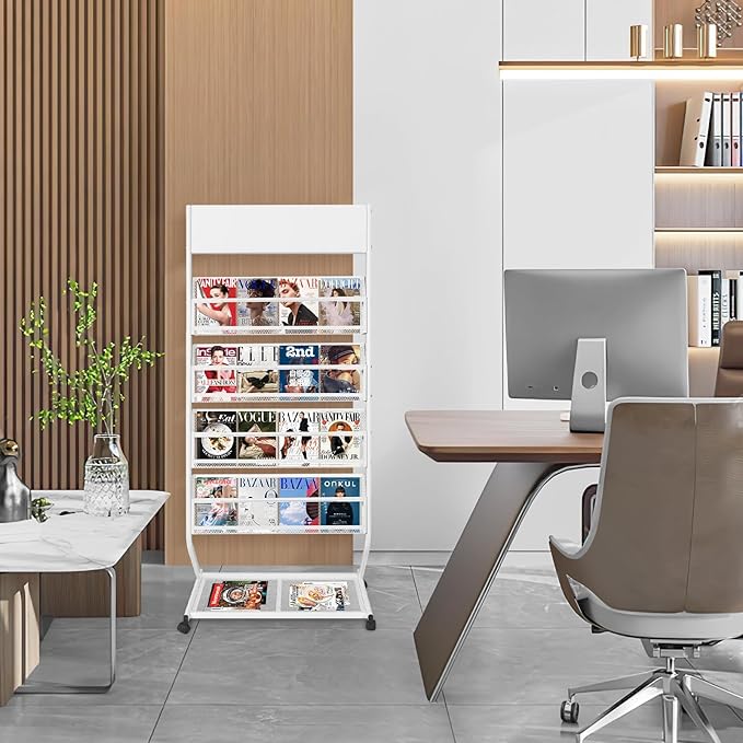 4-Tier Rolling Magazine Rack, Floor Standing Brochure & Literature Display Stand, 23.4" Wide, White