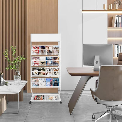 4-Tier Rolling Magazine Rack, Floor Standing Brochure & Literature Display Stand, 23.4" Wide, White