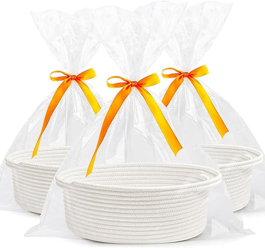 Gift Basket Empty, Small Woven Storage Basket with Gift Bags & Ribbons, Cotton Rope Room Shelf Storage Basket with Handle for Organizer Nursery Bins or Baby Shower 12" x 8" x 5" (White, 3 Pack)