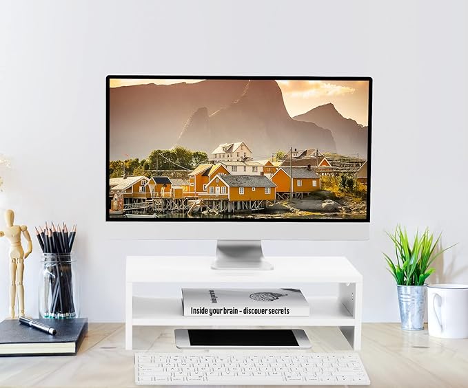 Monitor Stand Riser for Desk, 2 Tiers Laptop Computer Riser for PC Screen, iMac, Desktop Wooden Screen Monitor Stand with Storage Organizer for Home Office, White