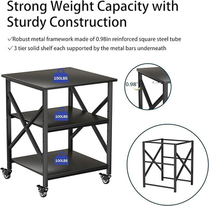 Printer Stand, 23.6 x 23.6 Inches Large Printer Stand with Adjustable Storage Shelf, 3 Tier Printer Table for Home Office, Rolling Printer Cart with Industrial Wheels, Mini Fridge Stand Table, Black