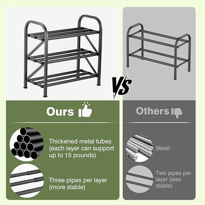 3-Tier Shoe Rack for Closet, 16"-33" Expandable ShoeRackAdjustable for Entryway Closet Doorway SturdyMetal, Black