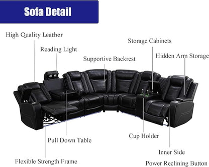 Power Recliner Sectional Sofa for Living Room, Leather Black Power Sectional Sofa with LED, Recliner Couch Sets with Read Lights, USB Charging, Cup Holders, Hidden Storage for Office/Home