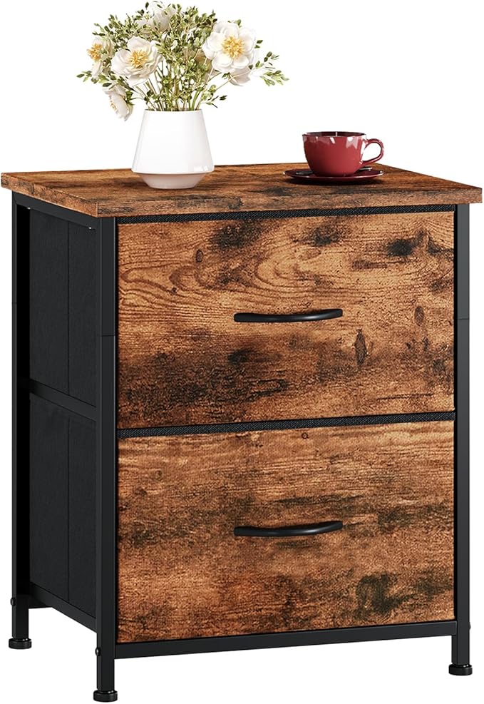 Somdot Nightstand Set of 2 with 2 Storage Drawers, Small Bedside Table End Table, Wooden Top Fabric Cabinet for Bedroom, Kids Closet, College Dorm, Entryway, Wood Grain Print