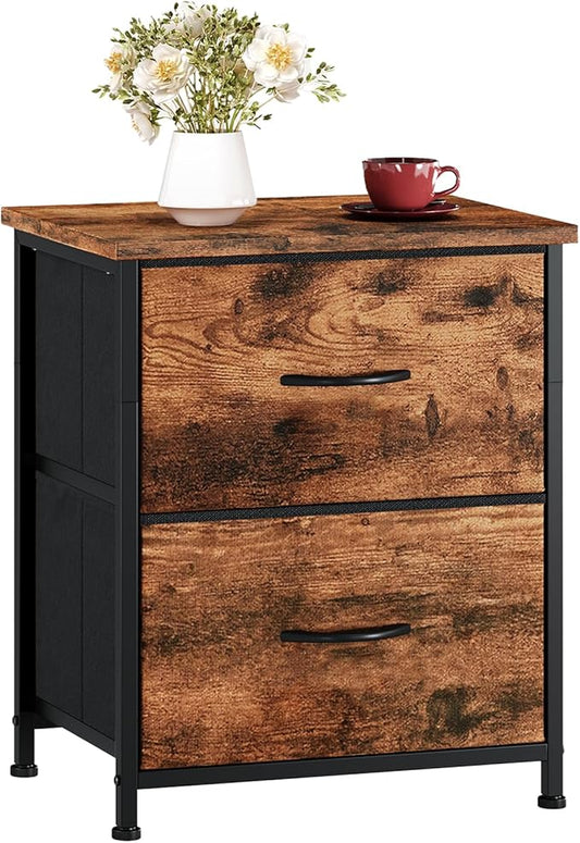Somdot Nightstand Set of 2 with 2 Storage Drawers, Small Bedside Table End Table, Wooden Top Fabric Cabinet for Bedroom, Kids Closet, College Dorm, Entryway, Wood Grain Print