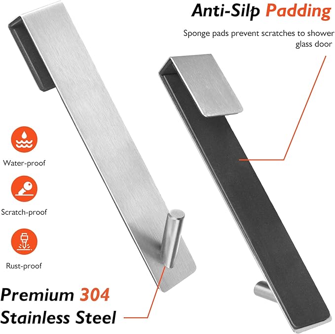 Shower Door Hooks(10 Inch),Extended Over Door Hooks for Bathroom Frameless Glass Shower Door,Stainless Steel Towel Hooks,Heavy Duty Rack Hooks for Robe,Towel-4 Pack-Silver