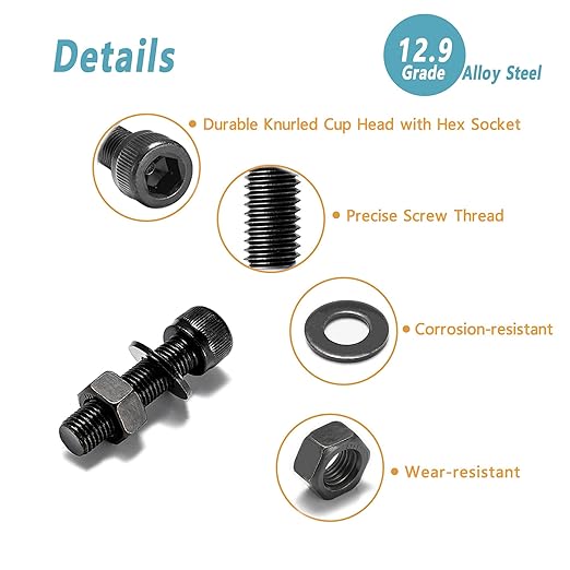 Kadrick Metric Screws Assortment - 100 Pcs M6 Hex Socket Head Cap Bolts, 8mm/12mm/16mm/20mm/30mm With Nuts and Washers - 12.9 Grade Alloy Steel, Black Zinc Plated, Anti-Rust Upgrade