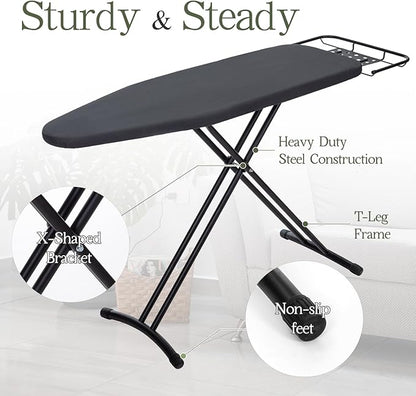 Heavy Duty Full Size Ironing Board 48"x15", BlissBoard Foldable Iron Board with Adjustable Height, Steel Frame, Thick Pad and Heat-Resistant Cover, Black