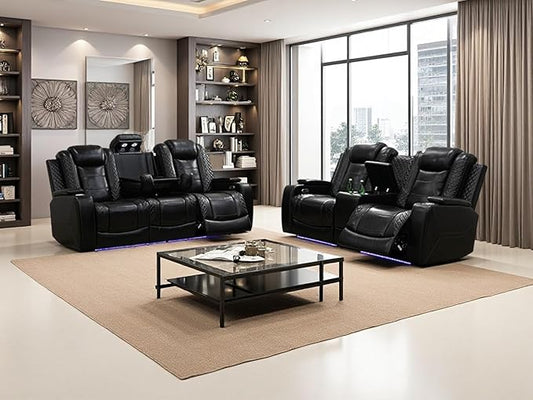 Living Room Furniture Sets, Power Reclining Breathing Leather Living Room Set Black Sofa and Loveseat with 4 Recliner Seats/Storage Console/Cup Holder/LED Light/USB Port for Apartment, Office