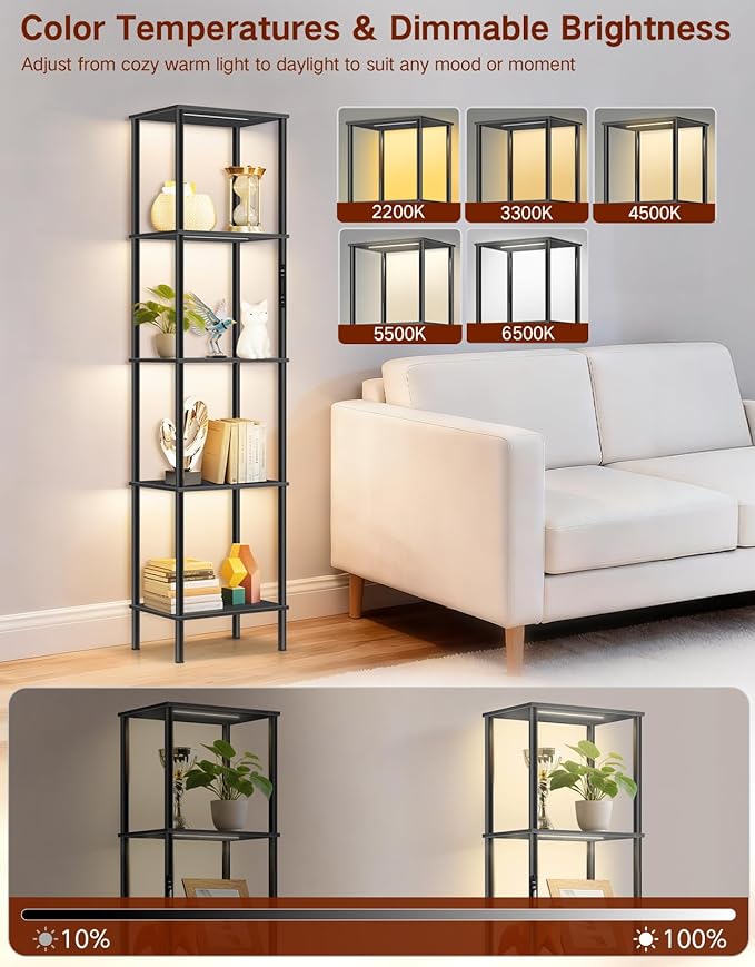 5 Tier Display Shelves with RGB Lights, Display Cabinet with Touch & APP & Remote Control, Dimmable Bookshelf with Music Sync, Adjustable Color Lighting for Living Room, Bedroom(Black)