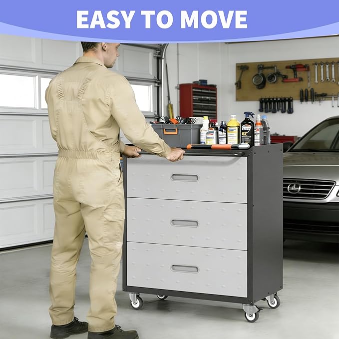 Metal Garage Storage Cabinet with Wheels, Rolling Tool Cabinet with 3 Drawers, Heavy Duty Mobile Steel Cabinet for Garage Warehouse Workshop