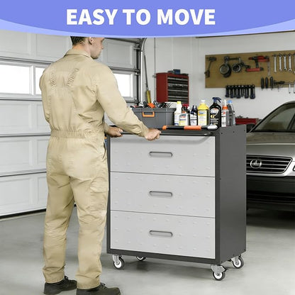 Metal Garage Storage Cabinet with Wheels, Rolling Tool Cabinet with 3 Drawers, Heavy Duty Mobile Steel Cabinet for Garage Warehouse Workshop
