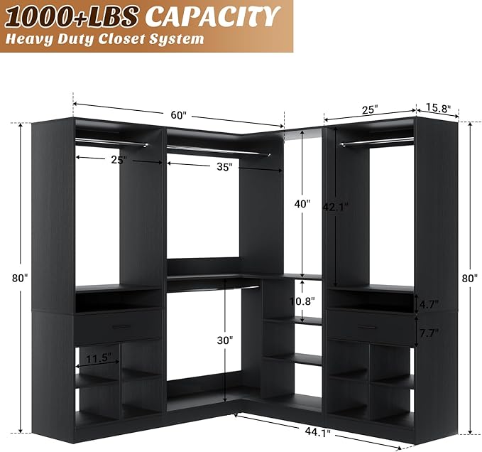 Unikito 86" Corner Closet System, Modular Closets Organizer with 4 Hanging Rods and 2 Drawers, Freestanding Adjustable Wood Clothes Garment Rack with Storage Shelves, Black