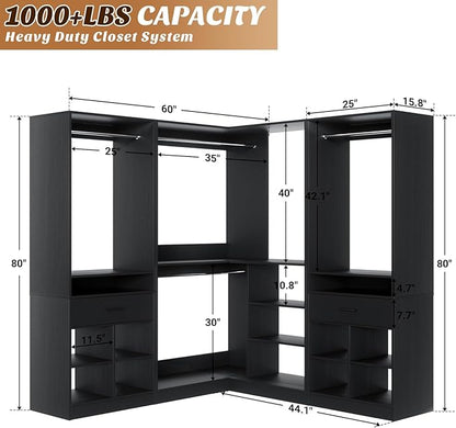 Unikito 86" Corner Closet System, Modular Closets Organizer with 4 Hanging Rods and 2 Drawers, Freestanding Adjustable Wood Clothes Garment Rack with Storage Shelves, Black