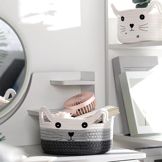 Zopeal Cat Basket Storage Woven Organizer with Ears Easter Decorative Gift Pet Toy Cute Cotton Rope Basket for Gift Cat Dog Toy Bin Nursery Room(8.3 x 4.7 Inch,White, Light Gray and Gray)