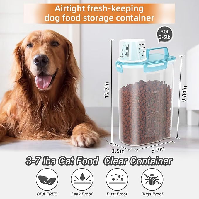 3-5Lbs Airtight Small Cat Dog Pet Food Storage Containers BPA-Free, With Large Pour Spout/1 Measuring Cup/ 4 Safety Locks and Double-layer Silicone Strip (Color Blocking 3Pack)