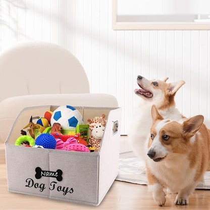 Geyecete Big Dog Toys Storage Bins Canvas Foldable Fabric Trapezoid with metal handles pet Baskets,Can be Personalized,Storage Bin Large toy box Organizer-KhakiStripe