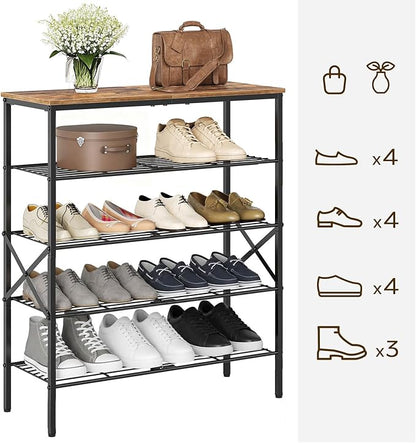 5-Tier Shoe Rack, Shoe Storage for Entryway and Closet, Free Standing Shoe Organizer with Metal Mesh Shelves, 16-20 Pairs of Shoes, Rustic Brown and Black SS05BR