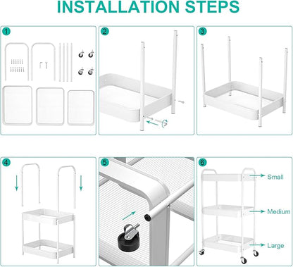3-Tier Rolling Metal Storage Cart with Wheels, Multi-Functional Organizer for Office, Kitchen, Bathroom, Books Diapers - Easy Assembly (White)