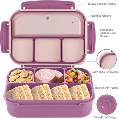 Bento Box Adult Lunch Box, Lunch Containers for Kids Girls Boys with 4 Compartments, Lunchable Food Container with Utensils, Sauce Jar, Muffin Liners, 40 Oz/5 Cup, Dark Purple