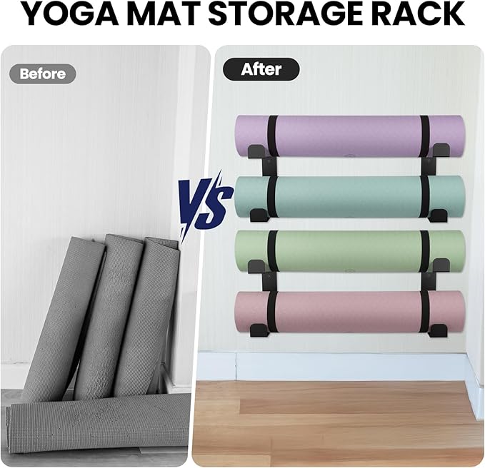 4 Tier Yoga Mat Holder Wall Mount & Yoga Mat Storage Rack,Heavy-duty steel fabrication,Holds 30 lbs for Foam Rollers,Resistance Bands,Home Gym