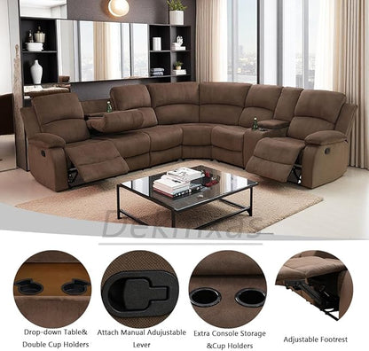 Recliner Sectional Couch Set, Living Room Furniture Sets, Brown Corduroy Reclining Sectional Sofa and 2 Reclining Chairs with Drop-Down Table, Cup Holder and Storage Console for Bedroom