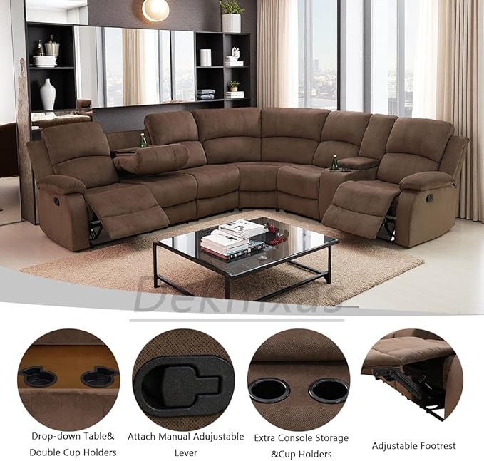 Corduroy Living Room Sofa Sets, Brown Recliner Sofa Set with Drop-Down Table, Reclining Sectional Sofa Couch with Cup Holders and Storage Console, for Living Room, Bedroom, Apartment, Office