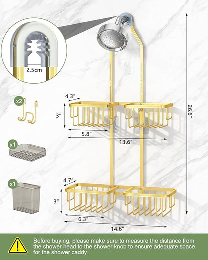 Adjustable Shower Caddy Hanging for Handheld Showerheads - Never Rust Shower Hanging Organizer, Upgraded Bathroom Shower Rack with Soap Basket, Hooks and Toothbrush Holder (Gold)