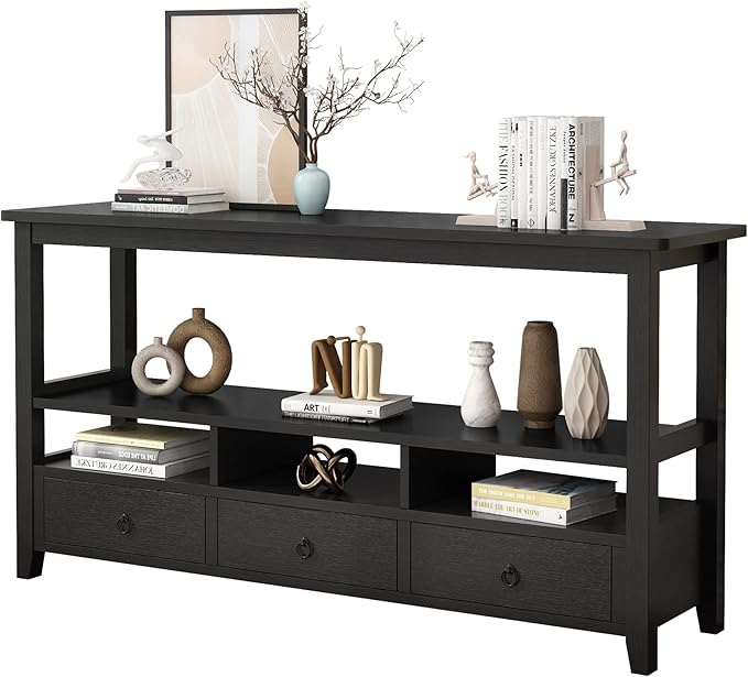 VINGLI 58" Console Table, Long Entryway Table with 3 Drawers & 2 Storage Shelves, Vintage Sofa Table Behind Couch, TV Stands for Living Room, Entryway, Hallway, Foyer, Office, Black