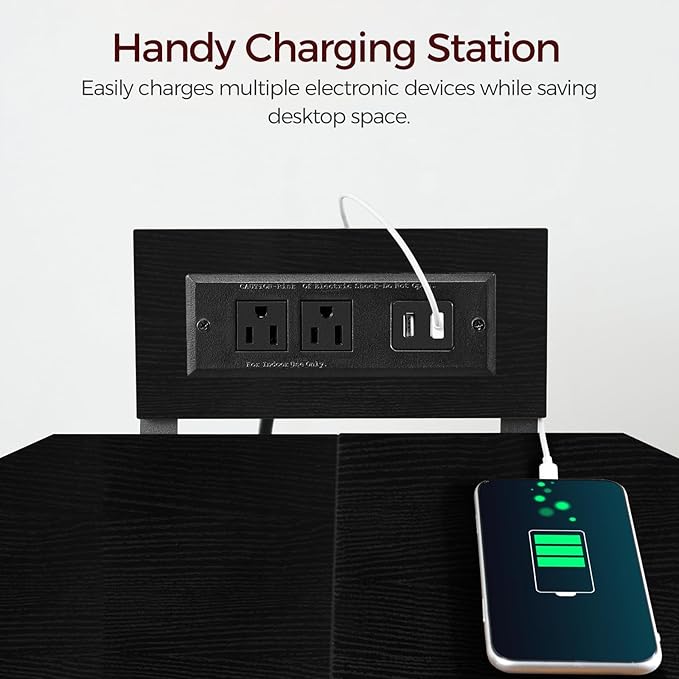 Corner Printer Stand with Charging Station, 3-Tier Large Printer Table with Adjustable Feet, Metal Frame Storage Shelf for Office, Living Room, Small Space, Black PTBK14E01