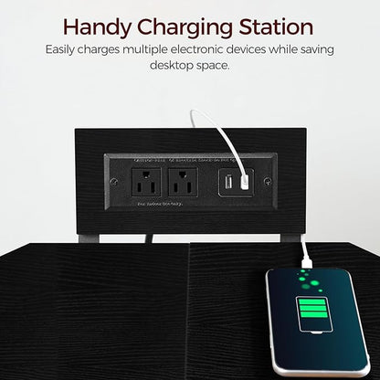 Corner Printer Stand with Charging Station, 3-Tier Large Printer Table with Adjustable Feet, Metal Frame Storage Shelf for Office, Living Room, Small Space, Black PTBK14E01