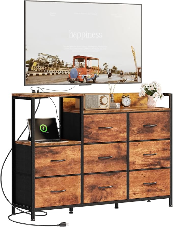 DUMOS TV Stand Dresser with 8 Fabric Drawers & Open Shelves, TV Stand for Up to 45 inch TV with Wooden Top, Entertainment Center with Charging Station for Living Room, Hallway, Brown