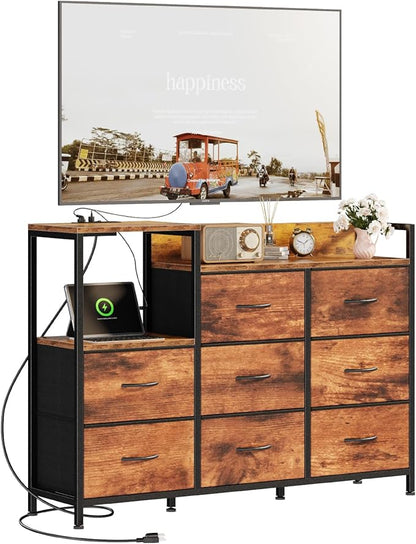 DUMOS TV Stand Dresser with 8 Fabric Drawers & Open Shelves, TV Stand for Up to 45 inch TV with Wooden Top, Entertainment Center with Charging Station for Living Room, Hallway, Brown