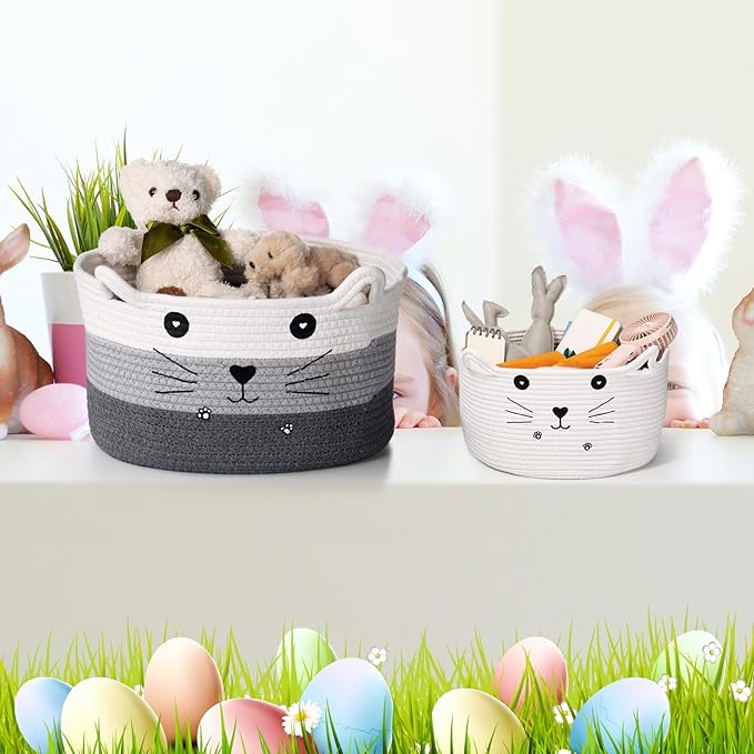 Zopeal Cat Basket Storage Woven Organizer with Ears Easter Decorative Gift Pet Toy Cute Cotton Rope Basket for Gift Cat Dog Toy Bin Nursery Room(13.7 x 7.8 Inch,White, Light Gray, Dark Gray)