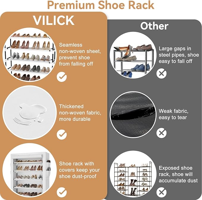Shoe Rack with Cover, 5 Tier Shoe Organizer Storage for 20-24 Pair Shoes and Boots Large Shoe Storage Shelf Space Saving Vertical Shoe Rack for Closet, Front Door Entrance, Dorm, Garage, White