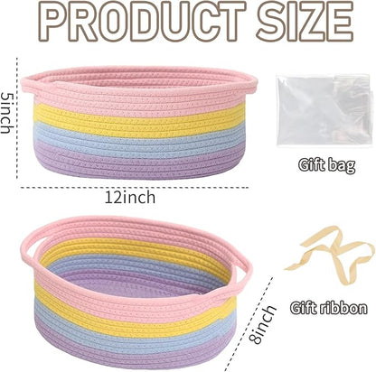 Woven Basket,Small Rope Storage Bin with Handles & Ribbon Bag, Organizer for Shelves Closets,Gift Basket Empty for Birthday,Books,Dog Toys, Rainbow/2 Pack