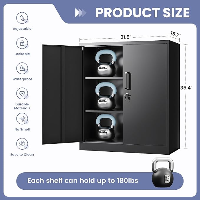 36" H Metal Storage Cabinet, Black Metal Cabinet with 2 Lockable Doors and 2 Adjustable Shelves, Garage Storage Cabinet for Home Office, Garage, School, Apartment, Warehouse