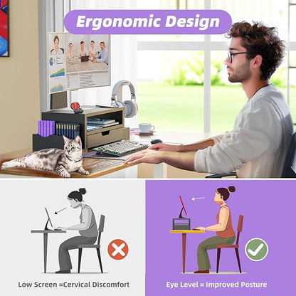 Simple Trending Monitor Stand Riser and Computer Wood Desk Organizer with Drawer and Pen Holder for Laptop, Computer, iMac, Black